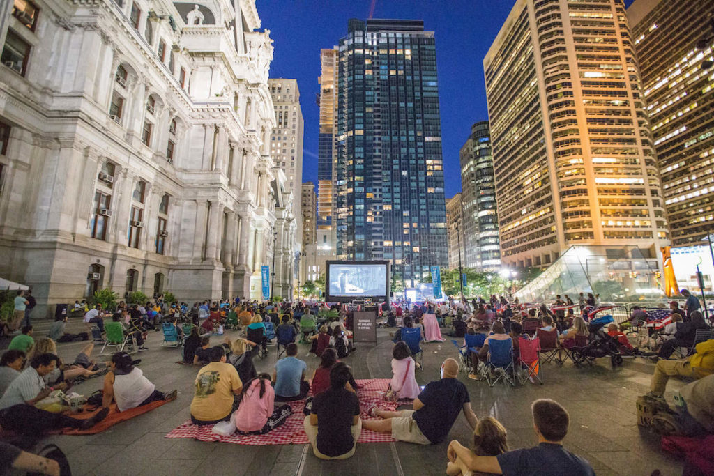 Philadelphians watch Star Wars during an outdoor movie night at Dilworth Park