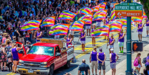 A rainbow-clad scene from a Philadelphia Pride parade