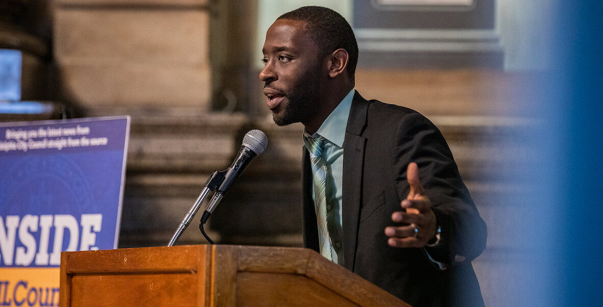 Philadelphia Councilmember Isaiah Thomas speaks at a podium