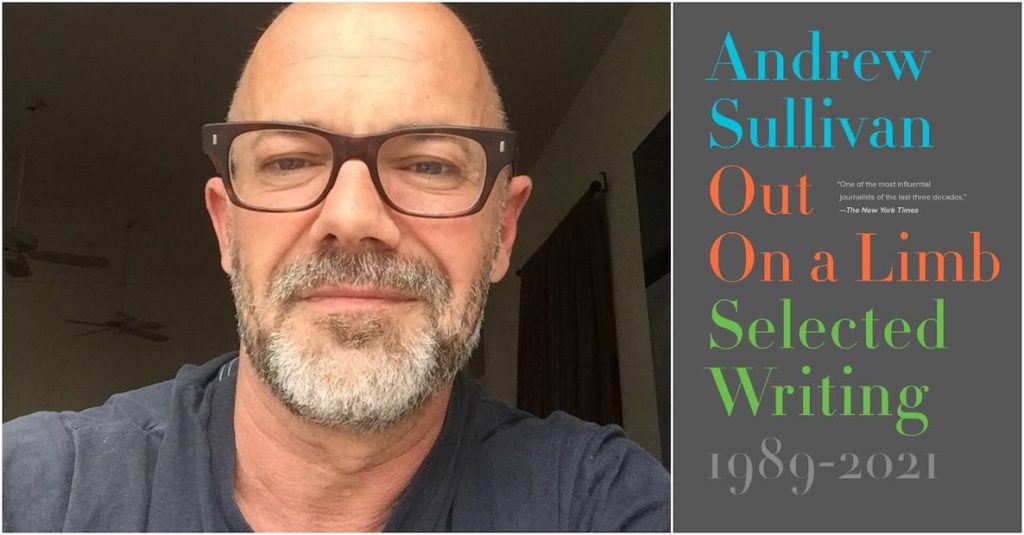 This photo of Andrew Sullivan and his latest book, Out On a Limb, accompanies a blurb about an upcoming book club event at which he'll discuss the book, a compendium of writings over this 30-year career.