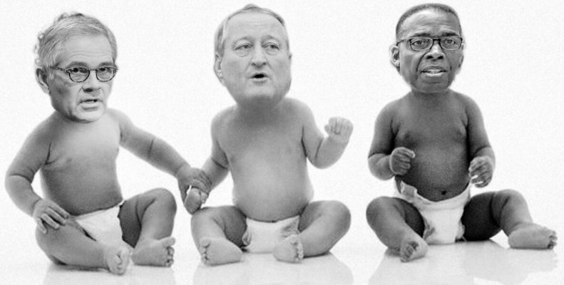 This illustration accompanies an opinion piece about Philadelphia leaders Jim Kenney, Larry Krasner and Darrell Clarke pointing fingers and not taking care of business.