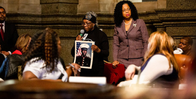 Mothers of gun violence victims at City Hall meeting
