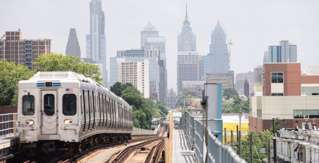 SEPTA train with Philadelphia in the background