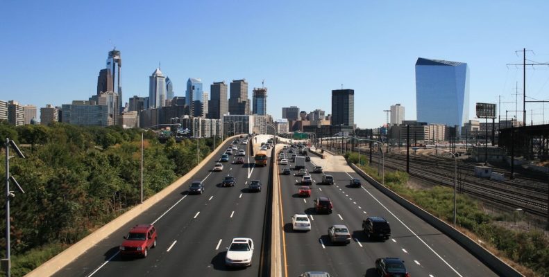 A view of the philly skyline from the Spring Garden Street Bridge. Schuylkill Expressway in the foreground.