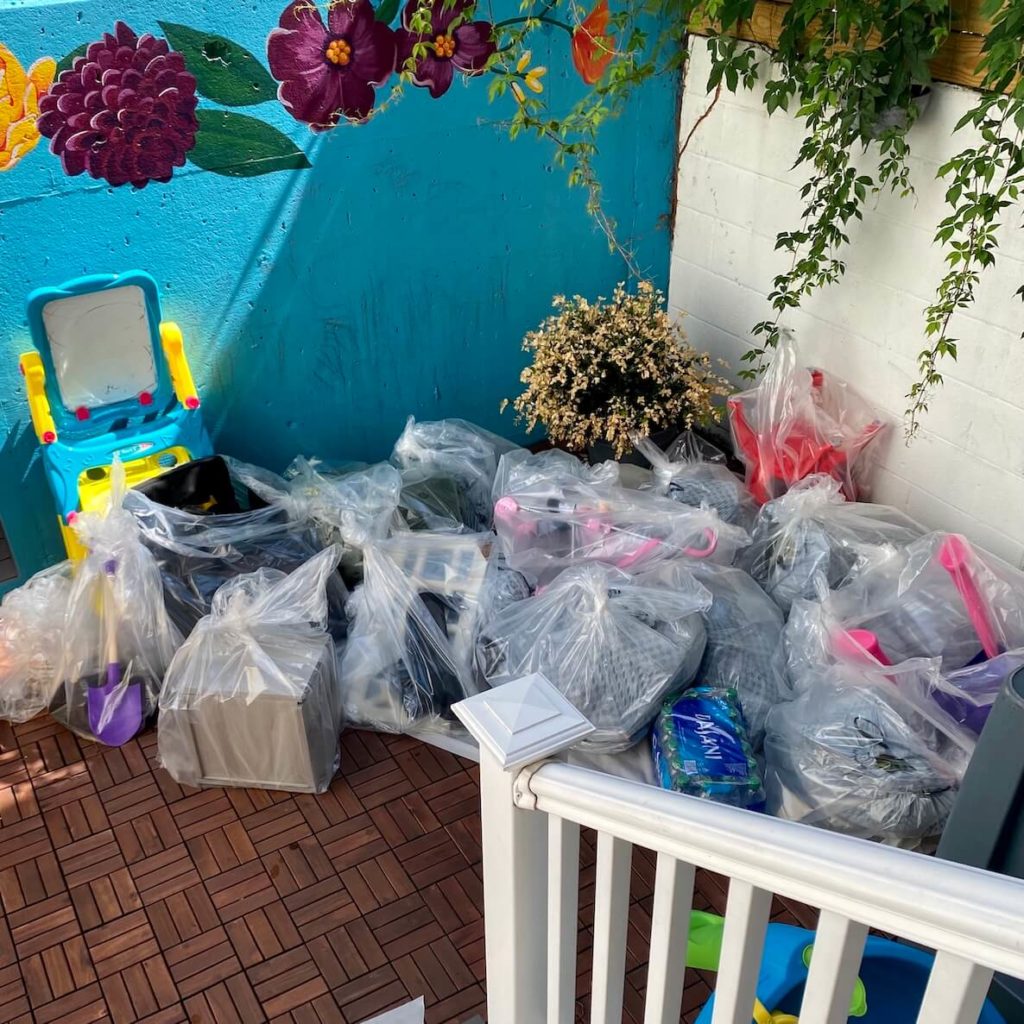 plastic garbage bags on back patio
