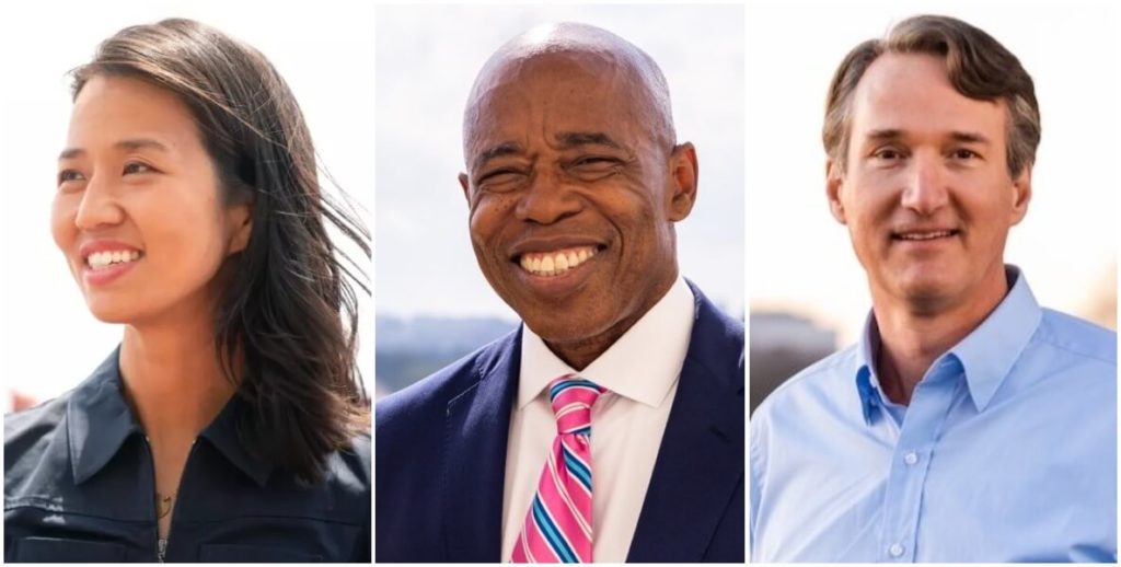This collage featuring Boston Mayor Michelle Wu, New York Mayor Eric Adams and Glen Youngkin accompanies an article about the November 2021 election results and the future of the Democratic party