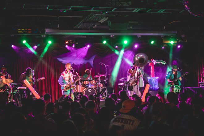 SNACKTIME, a mostly brass funk band, performs onstage at Brooklyn Bowl. Photo by Jordan August.