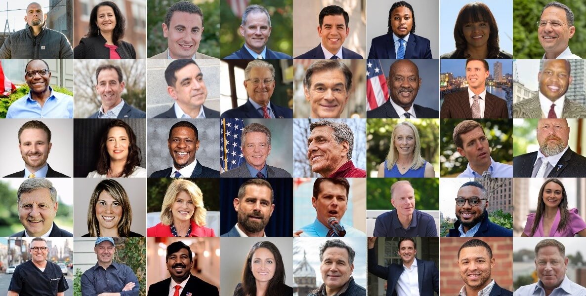 This photo collage of candidates running for office in Pennsylvania in 2022 accompanies a voter guide to the 2022 PA primary in Philadelphia