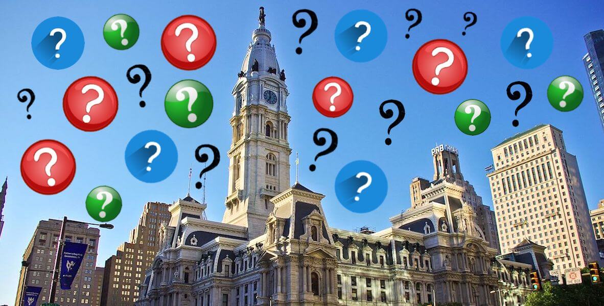 Philadelphia City Hall, with question marks floating in the sky around it.