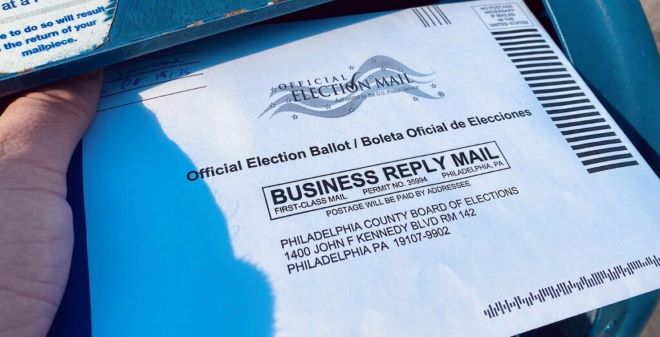 A Pennsylvania mail-in ballot envelope