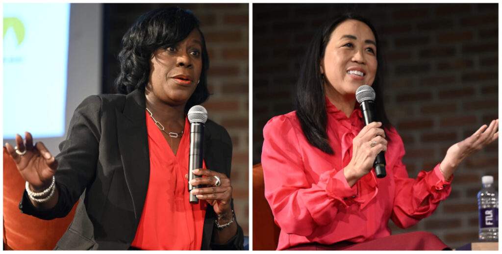 Cherelle Parker (left) and Helen Gym (right) on stage at the Ultimate Job Interview