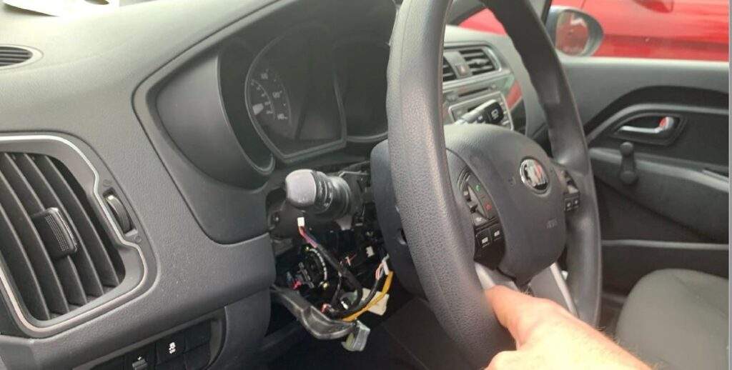 A stolen Kia, steering column disassembled by thieves known as Kia Boyz
