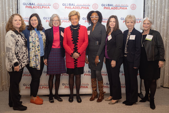 Women represent JVS Philadelphia Fund for Women: Left to right: Margaret Berger Bradley of Ben Franklin Technology Partners, Holly Adams of GoWell, Inc, Janet Haas of the William Penn Foundation, Judee von Seldeneck of Diversified Search, Mumbi Dunjwa of Naturaz, Kelly Beck of Polycore Therapeutics, Carole Barbour of VigR Health, and Leslie Mazza Diversified Search.