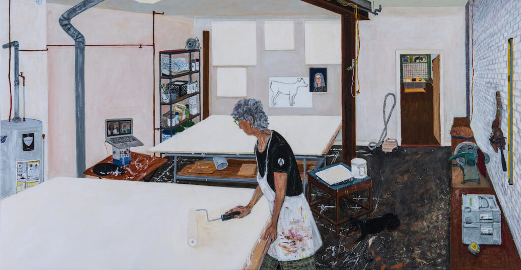 Self-portrait by Sarah McEneaney in her studio, prepping a panel while watching the Jan 6 hearings.