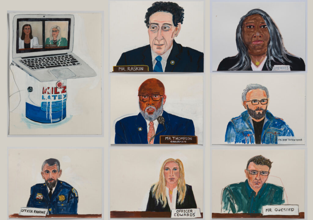 Compilation of acrylic works on paper by Sarah McEneaney, of the January 6th hearings. 