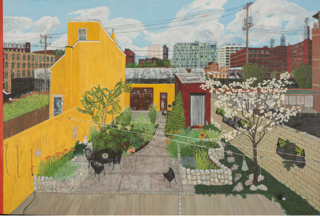 Brightly-colored painting by painter Sarah McEneaney, of her backyard in spring.