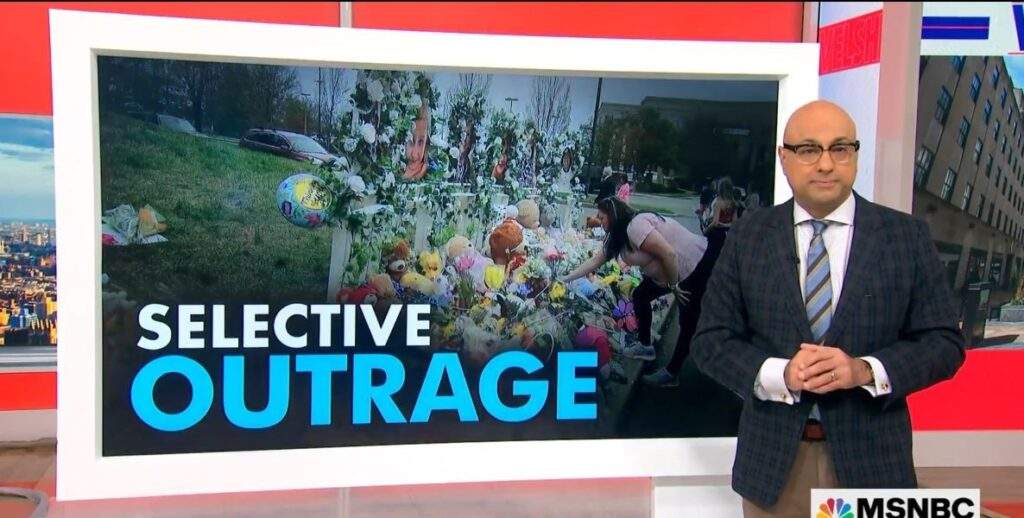 Protecting our children from real threats of violence means getting assault weapons off the streets and ending the selective outrage. MSNBC Host Ali Velshi stands in front of his video screen with the headline selective outrage.