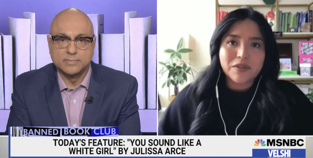 MSNBC host Ali Velshi shares a screen with author Julissa Arce, whose book "You Sound Like a White Girl" has faced banning.