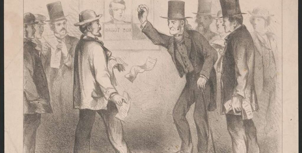 Print shows an emotionally charged condemnation of the Copperheads or Peace Democrats and their support of reconciliation with the Confederacy. In a scene at a polling place an old man (right) is approached by a "Copperhead" vote distributor, who thrusts a ticket at him, saying, "Here is an old Jackson Democrat who always votes a straight ticket." The older man angrily replies, "I despise you more than I hate the rebel who sent his bullet through my dead son's heart! You miserable creature! Do you expect me to dishonor my poor boy's memory, and vote for men who charges American soldiers, fighting for their country, with being hirelings and murderers?" A bespectacled man watches the scene from behind the ballot box. The narration and dialogue for the episode are provided in the lower margin.
