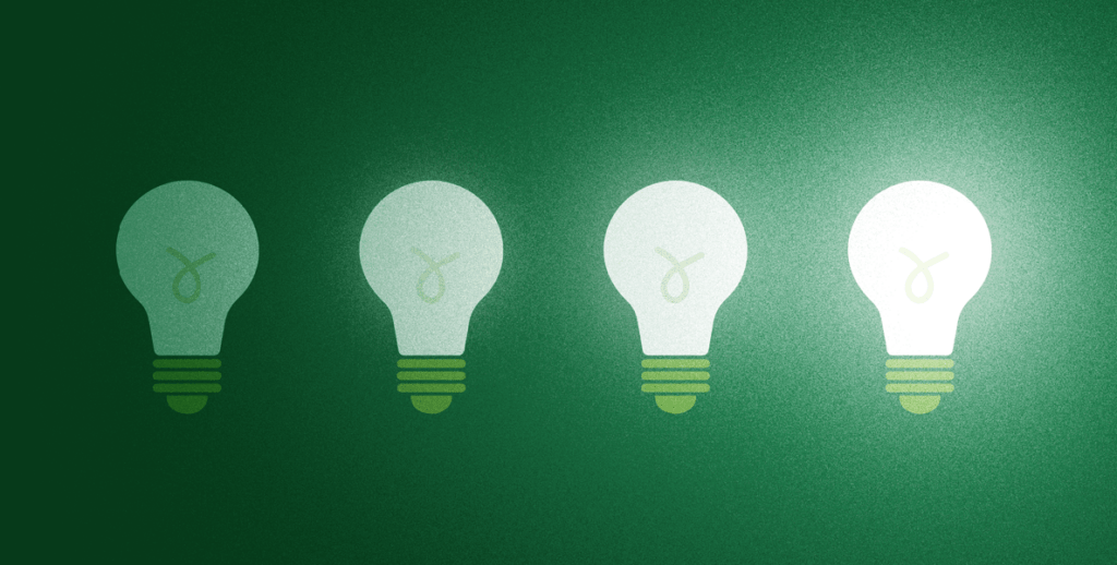 Four lightbulbs from left to right go from dimmer to brighter to represent how you have to keep thinking for the good ideas to come to you