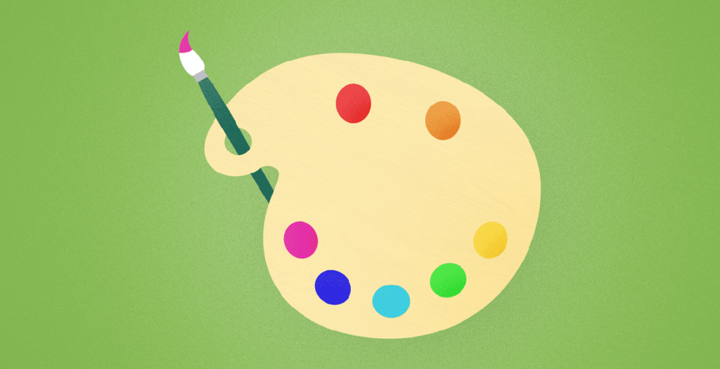 A colorful stylized artist's palette with a paint brush in the finger hole.