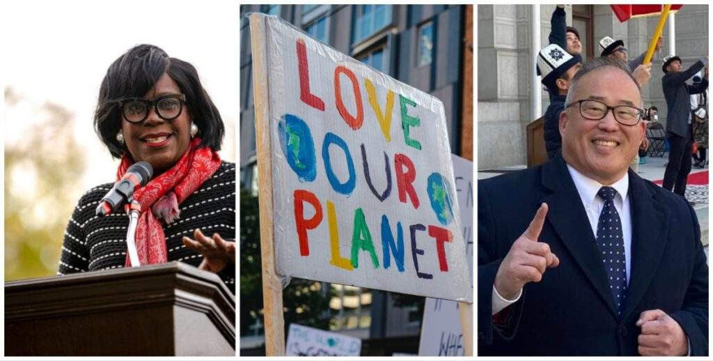 From left: Democratic Mayoral candidate Cherelle Parker, a "Love Our Planet" sign from a youth climate change demonstration in San Francisco, and Republican Mayoral candidate David Oh.
