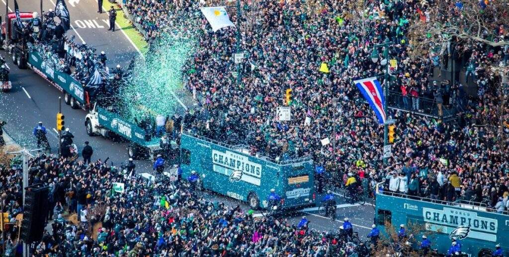 The Philadelphia Eagles parade up Broad Street during a Super Bowl victory parade, Thursday, Feb. 8, 2018, in Philadelphia