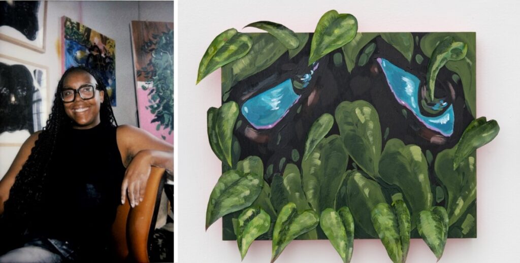 Artist Patricia Renee' Thomas, a Black woman with long hair and glasses, smiles while seated in a chair. Behind her, her paintings are displayed. Right: Her work "Retreat" an acrylic, spray paint, markers on board work from 2023 portraying large blue eyes peeking out from green leaves.