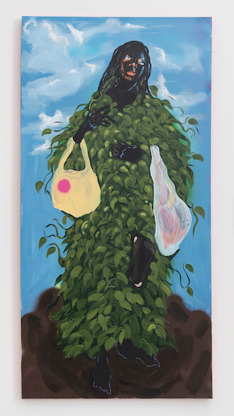 A mixed media painting of a Black woman wearing a coat made of green leaves. She looks skyward while holding a shopping bag on each arm.