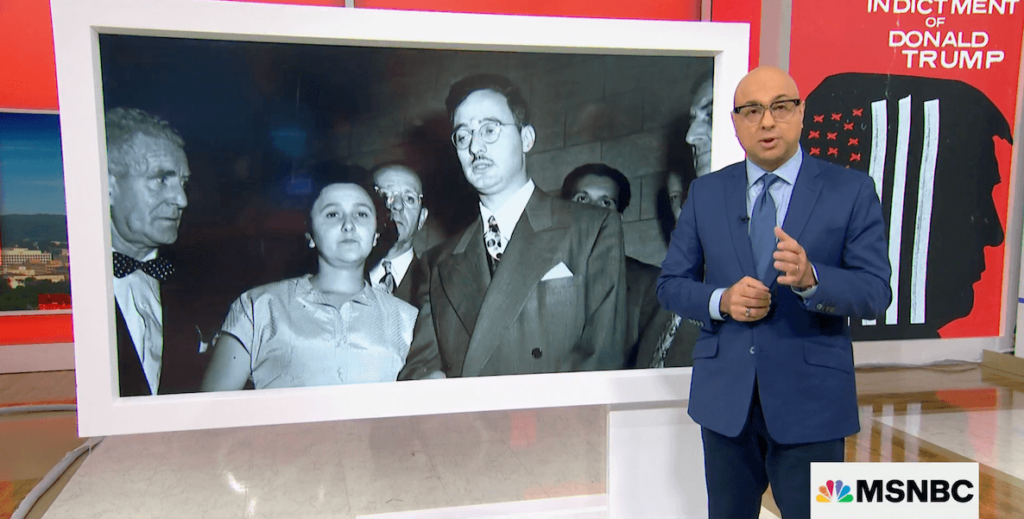 MSNBC Anchor Ali Velshi stands in front of a black and white image of Julius and Ethel Rosenberg to explain the Espionage Act