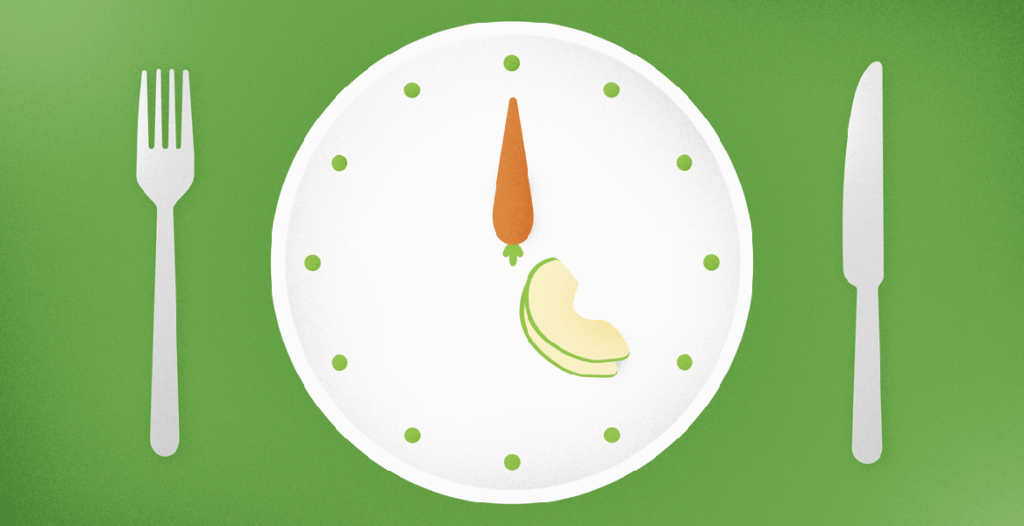 fruits and vegetables on a white plate with a fork and knife against a green background