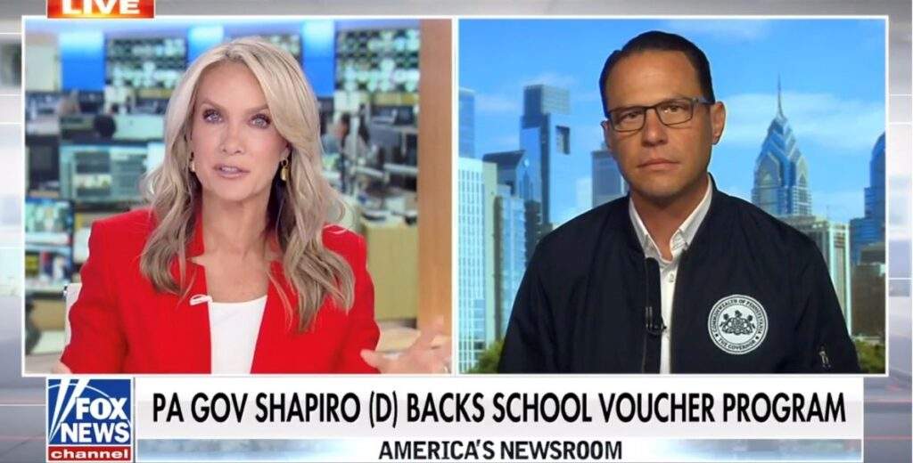 Fox News host Dana Perino, a White woman with long blonde hair wearing a red blazer and white t-shirt, sits at a news desk in one left frame. To her right is PA governor Josh Shapiro, wearing a navy jacket and spectacles.