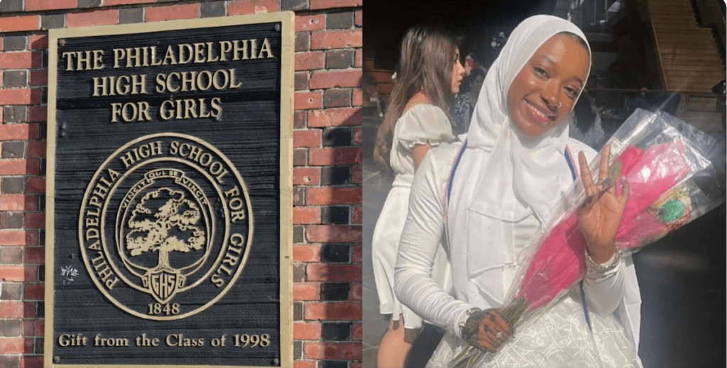 A girl wearing a white dress and headscarf and holding a bouquet of pink flowers stands by a brick column bearing the school seal and the world "Philadelphia High School for Girls."