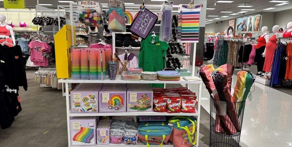 The ultimate in rainbow capitalism: yes, those are Skittles, rounding out this Pride merchandise display at a Dadeland Florida Target.