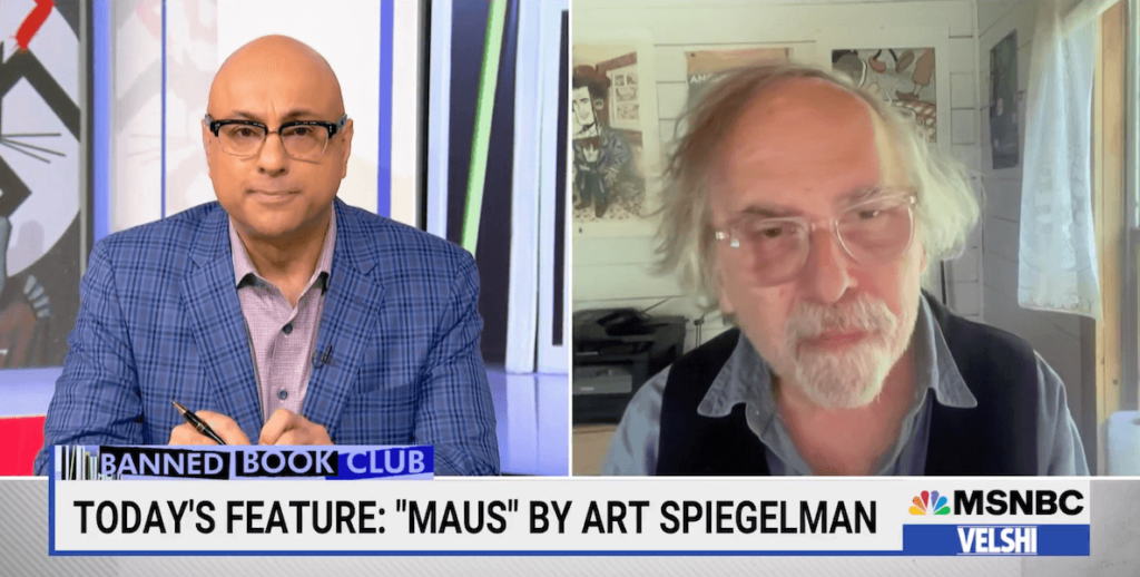MSNBC anchor Ali Velshi to the left. Cartoonist and author Art Spiegelman to the right, discussing Spiegelman's Pultizer Prize-winning and oft-banned graphic novel, Maus.
