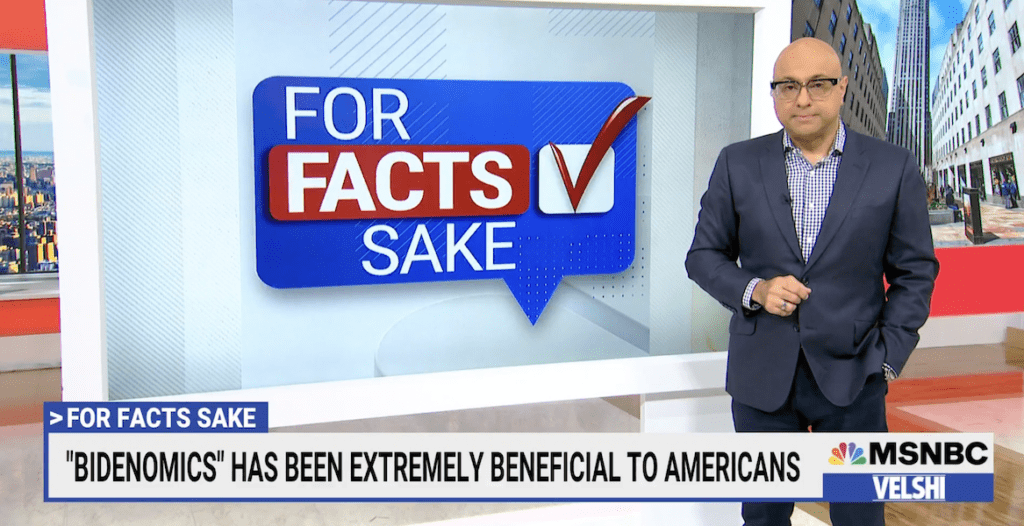 MSNBC anchor Ali Velshi stands in front of a screen reading "FOR FACTS SAKE" to discuss the impact of Bidenomics and the hypocracy of those who voted against his policies and are now taking credit for their impact.