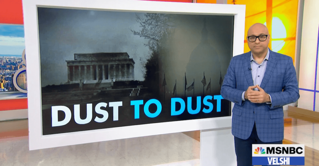 MSNBC host Ali Velshi, a bald man in a blue suit and black-frame glasses, stands to the right of a screen showing a black-and-white photo from the Dust Bowl in the 1930s. On the screen is written: DUST TO DUST."