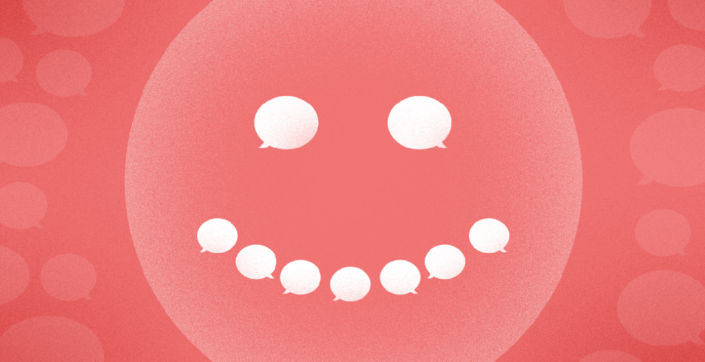 A pink smiley face with quote bubbles for eyes and mouth