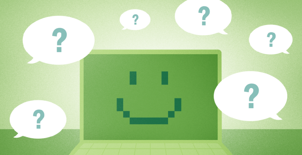 A green smiling computer monitor is surrounded by quote bubbles with question marks