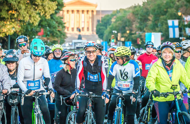 Cyclists prepare to start the Philly Bike Ride in front of the Philadelphia Museum of Art.