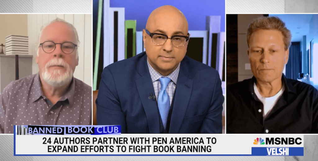Left to right: Michael Connelly, a white man with white hair and a white beard, Ali Velshi, a brown made with no hair and glasses, and David Baldacci, a white man with grey hair.