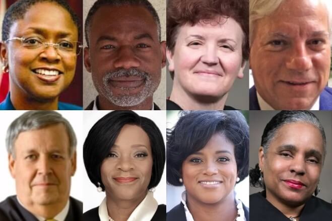 Collage of 8 members of Philadelphia Court of Common Pleas up for retention (reelection) in 2023
