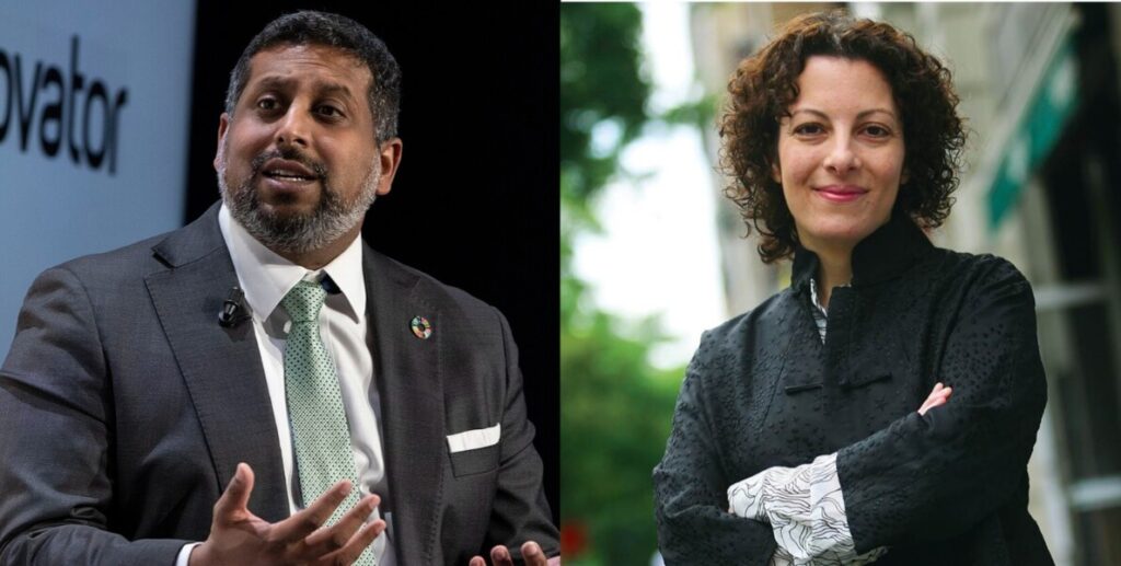 AI experts Vilas Dhar, a Brown man with a salt-and-pepper beard wearing a suit and tie on seated and speaking on a stage, and Beth Simone Noveck, a white woman with curly dark hair wearing a black turtleneck standing outside.