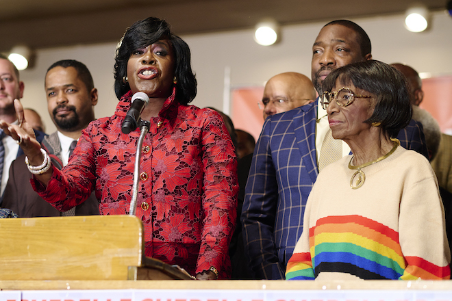 Cherelle Parker (red flower patterned top), Mayor-elect with mentor Marian Tasco (gold necklace, rainbow sweater), former City Councilmember; Kenyatta Johnson (blue gold check suit, gold tie), City Councilmember District 2 Thousands gathered at the Sheet Metal Workers Local 19 at Columbus Blvd and Washington Ave to celebrate the 100th Mayor of Philadelphia: Cherelle Parker. November 7, 2023 for The Philadelphia Citizen