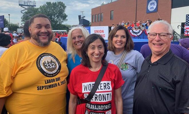 From left: Omar Sabir, Lisa Deeley, Rue Landau, Christy Brady and John Sabatina at the 2023 Labor Day Parade. Candidates for municipal office in Philadelphia stand outside at the city's 2023 Labor Day Parade.