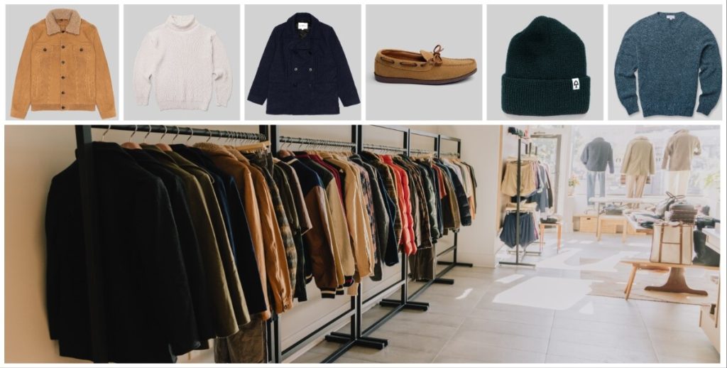 Top, left to right: Nubuck trucker jacket ($1,150), Shaker stitch turtleneck sweater in natural ($150), American peacoat in navy ($495), Easymoc camp moc in toast ($285), Merino cardigan stitch beanie in pine ($49), Donegal crewneck sweater in ice ($295). Bottom: Inside the American Trench store in Ardmore.