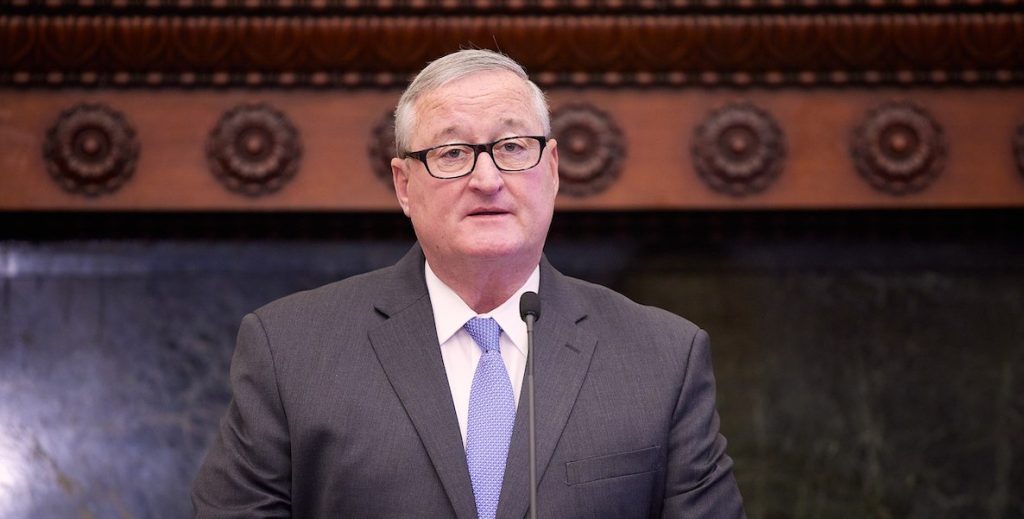 Jim Kenney, mayor of Philadelphia from 2016 to 2023, a white man with white hair and glasses, wears a dark suit.