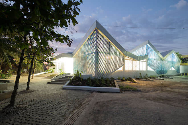 Diamond-shaped metal screens form the exterior of the Cholera Treatment Center in Port-au-Prince, Haiti, a health center designed by MASS and architect Michael Murphy.
