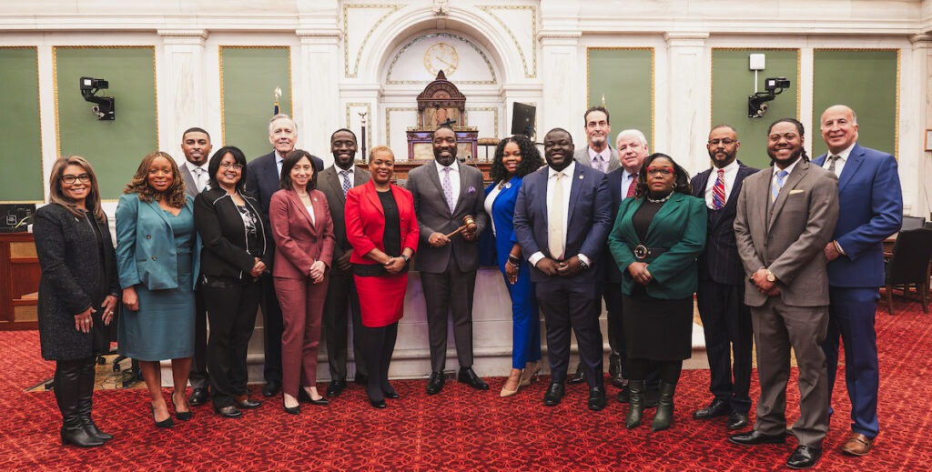 All 17 members of Philadelphia City Council in 2024. From left to right: Quetcy Lozada, Jamie Gauthier, Nicolas O'Rourke, Nina Ahmad, Brian O'Neill, Rue Landau, Isaiah Thomas, Cindy Bass, Kenyatta Johnson, Katherine Gilmore Richardson, Anthony Phillips, Jim Harrity, Mike Driscoll, Kendra Brooks, Curtis Jones Jr., Jeffrey Young Jr., Mark Squilla.