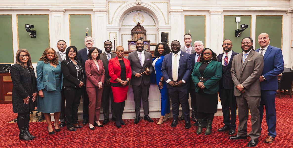 All 17 members of Philadelphia City Council in 2024. From left to right: Quetcy Lozada, Jamie Gauthier, Nicolas O'Rourke, Nina Ahmad, Brian O'Neill, Rue Landau, Isaiah Thomas, Cindy Bass, Kenyatta Johnson, Katherine Gilmore Richardson, Anthony Phillips, Jim Harrity, Mike Driscoll, Kendra Brooks, Curtis Jones Jr., Jeffrey Young Jr., Mark Squilla.